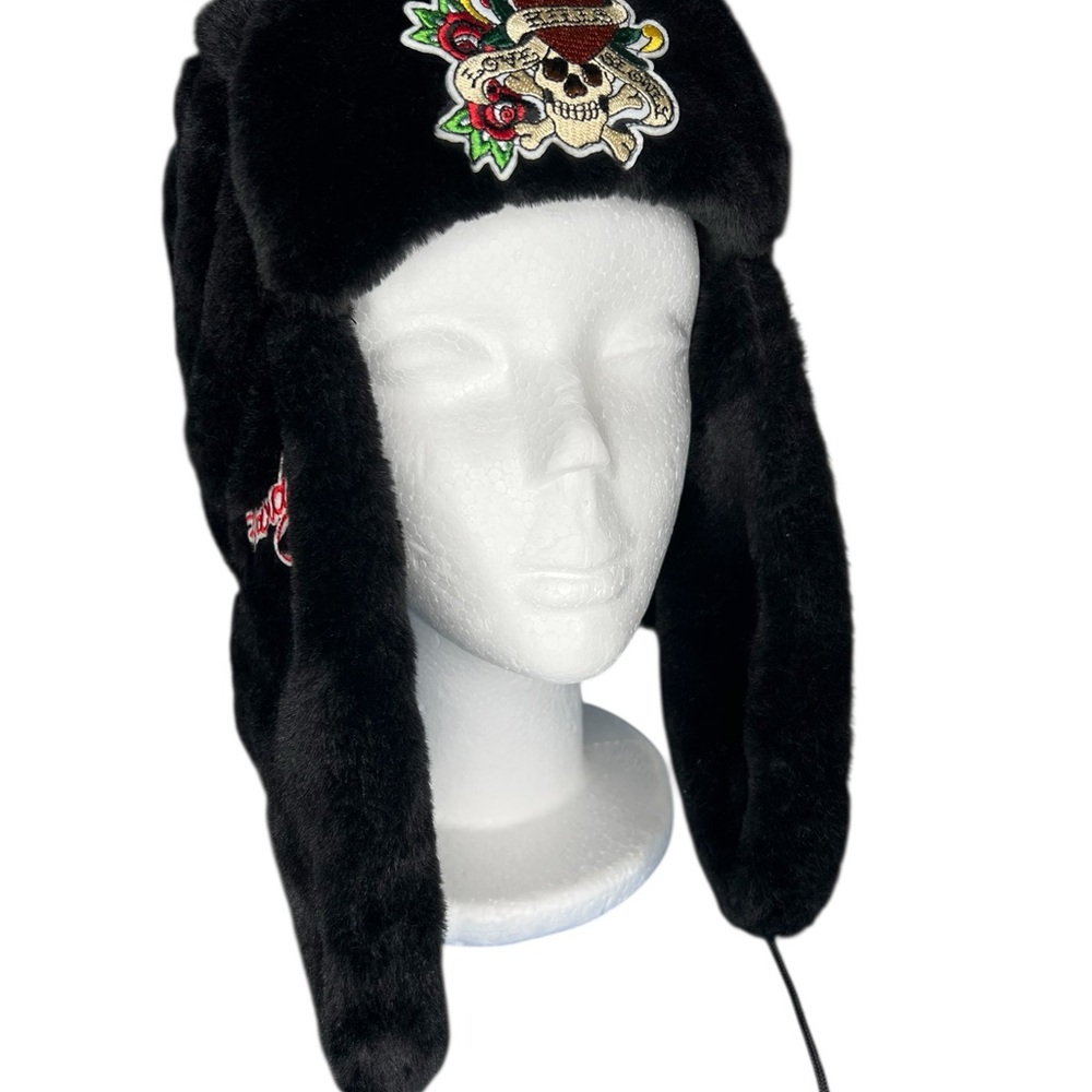 Ed Hardy Women's Trapper Hat Black Faux Fur Pompoms Love Kills Skull| - Picture 5 of 8